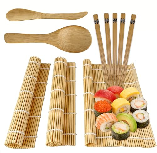 LUMITERRA Kit para Hacer Sushi de 10 Piezas, Reutilizable, Incluye 3 Tapetes para Rodar, 5 Palillos, 1 Cuchillo para Sushi y 1 Esparcidor de Arroz, Set Profesional DIY para Principiantes