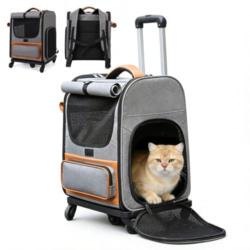 3-in-1 Cat Carrier Backpack with Wheels, Detachable Pet Backpack with Sun Protection Roller Blinds, Ventilated Design, Multi-Function Pet Rolling Carrier for Small Dogs Cats Under 10kg/22Lb