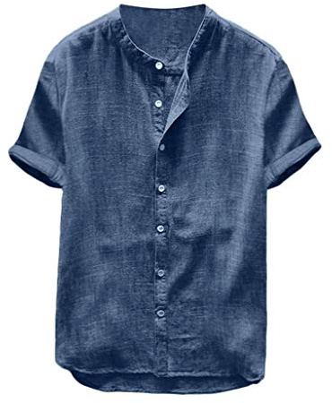 Generisk linneskjorta herr långärmad bomull ståkrage fritidsskjorta business casual sommarskjorta lätt andas A24