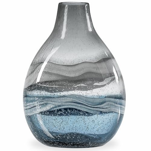 Torre & Tagus Andrea Mouth Blown Glass Vase for Home Decor - 11 Tall Large Blue Glass Vase for Centerpiece, Handmade Blue Vases for Decor in Coastal Living Room, Entryway, Bedroom