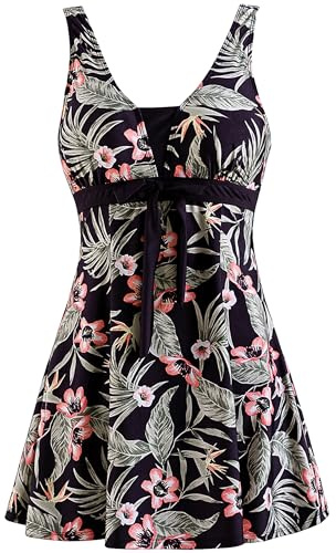 Wantdo Femme Maillots de Bain Une Pièce Robe pour Natation Sportif Impression Élasticité Imprimé Fleur Col en V Taille Plus Cache-Ventre Bretelles Larges Rembourré,Fleur de Mer(2),EU52-54/ UK 24-26