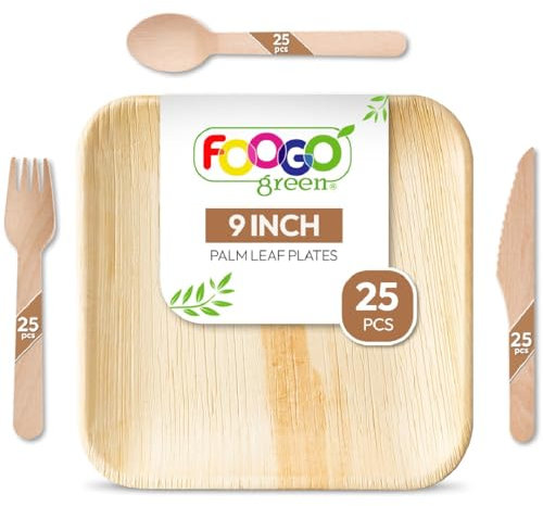 FOOGO Green 100pcs Disposable Palm Leaf Plates and Wooden Cutlery Set, FSC® Certified, 25x Large Square Plates, 25x Forks, 25x Knives, 25x Spoons, Eco Friendly Biodegradable, Party