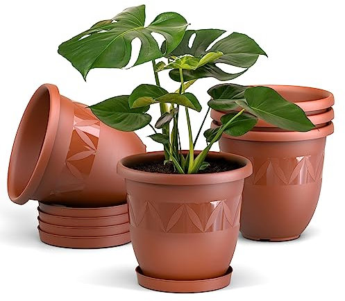 Plastard Blumentöpfe 5er Set 35 cm Durchmesser Terrakotta runder Pflanzkübel mit Untersetzer aus Kunststoff witterungsbeständiger Übertopf großer Blumentopf