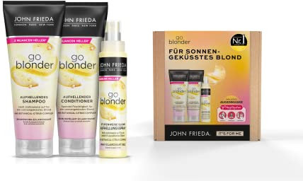 John Frieda Go Blonder Vorteils-Set für blondes Haar - Shampoo, Conditioner, Aufhellungsspray & gratis MegRhythm Augenmaske - Hellt stufenweise auf - Auch für farbbehandeltes Haar