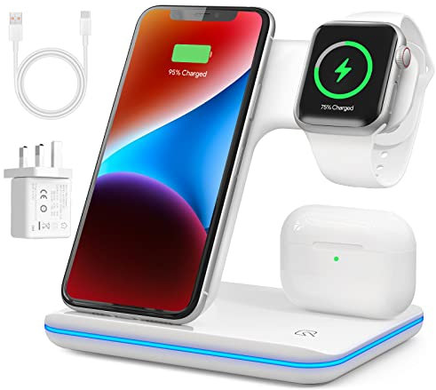 3 in 1 Wireless Charging Station, Wireless Charger Docking Station for iPhone 16/15/14/13/12/11/XR/XS/and Apple Watch 8/7/6/5/4/3/2/SE, Charging stand for AirPods 1/2/3/ Pro/Pro 2 with Lightning Port
