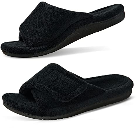 GRITHEIM Women's Orthotic Arch Support Slippers Fuzzy Adjustable Orthopedic Slippers for Plantar Fasciitis Furry Slide for Ladies black 9