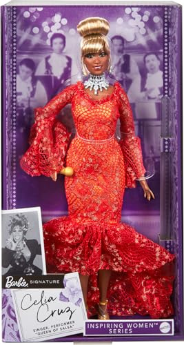 Barbie Coffret Poupée Femmes D’Exception Celia Cruz en Robe De Sirène en Dentelle Rouge, Socle Inclus, À Collectionner, Jouet Enfant, A Partir De 6 Ans, HJX31