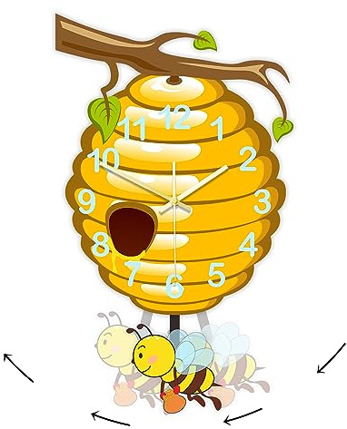Timethink Honeybee Kitchen Decor Clock with Pendulum, Creative DIY Acrylic Kids Wall Clock Modern Silent Non Ticking Battery Operated Honeycomb Pendulum Wall Clock for Kids Room Nursery