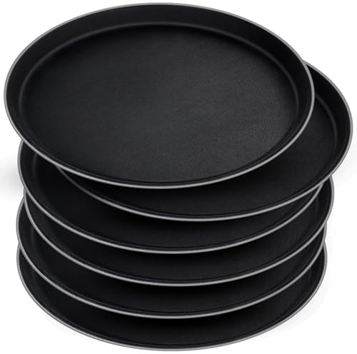 Mwellewm 6 Pcs Round Serving Tray, 11 Inch Non Slip Surface Round Tray Black Server Tray Plastic Food Meals Server with Raised Edges for Home, Kitchen, Restaurant, Cafeteria, Bar, Hotel