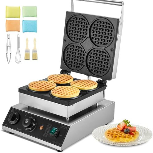 VEVOR kommerzielles Waffeleisen Waffelmaschine 1750 W antihaftbeschichtetes belgisches Waffeleisen aus Edelstahl mit Temperatur- und Zeitregelung, für Restaurant Bäckerei Snackbar 4 runde Waffeln