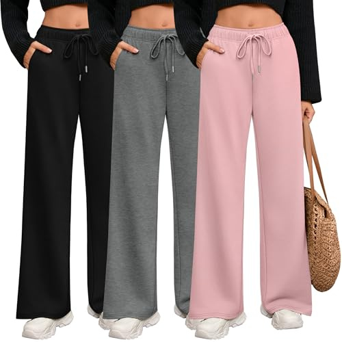 Riyiper Paquete de 3 Pantalones Deportivos de Pierna Ancha para Mujer Rectos con Cordón y Cintura Elástica y Bolsillos(Rosa, Gris Oscuro, Negro,XXL)
