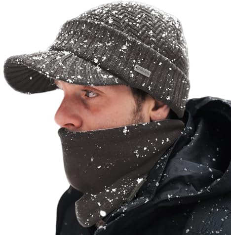 Comhats PolarWool™ Gorro de invierno Set de invierno de lana merina con gorro con visera y bufanda de tubo para la nariz, gorro de lana con visera y calentador de cuello de forro polar M/L/XL, M