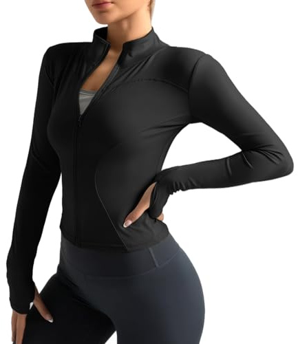 Neteson Maglietta Sportiva Donna a Manica Lunga T Shirt Fitness Yoga Corsa Crop Top Sport Athletic Gym Maglia Running Palestra con Zip e Pollice Foro
