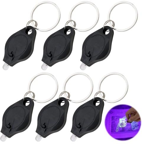 teasteam Lot de 6 porte-clés lampe de poche UV - Mini détecteur de lumière noire LED pour billets de banque et filigrane - Identification de jadéite - Porte-clés portable (noir)