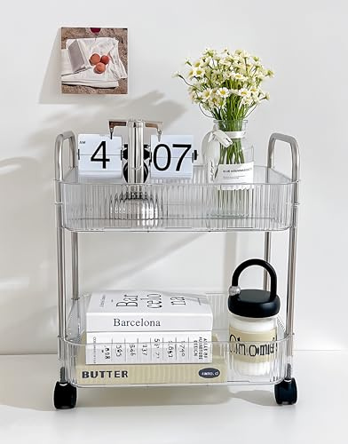 Uwenkjie 2-Layer Acrylic Stainless Steel Rolling Trolley, Multifunctional Storage Cart with Handle, Suitable for Kitchens, Bathrooms, Laundry Rooms, and Offices