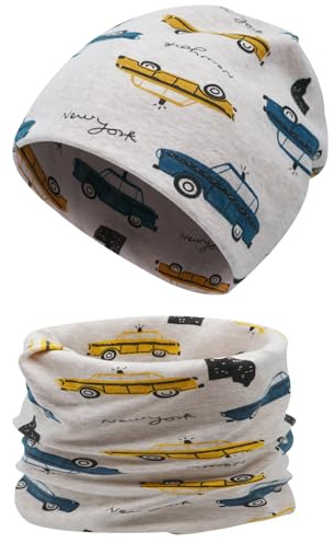 Enwokran Enfants Garçons Filles Bonnet écharpe Tube Set Différents Motifs Matériau Doux Stretch Entretien Facil pour 3-8 Ans (Voiture-Beige)
