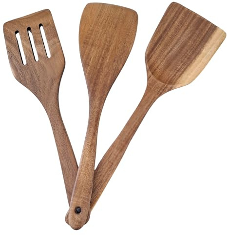 diconfa Holz Kochbesteck - SET WÄHLEN - AUSWAHL: Set 3-teilig Pfannenwender - PREMIUM Akazien-holz - Kochlöffel - Küchenhelfer - Pfannenwender - Nudellöffel - Salatbesteck - inkl. Ablage etc.