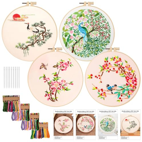 PORFOYO Kit de Démarrage de Broderie: 4 Pièces Fils à Broder Kit, Broderie Débutant Outil, Embroidery Starter set pour Adultes Débutant, d'aiguilles de Fils de Couleur set, Cerceaux de Broderies