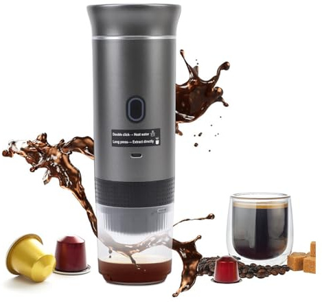 TARSHYRY 120ML Portable Espresso Machine,Travel Coffee Maker Self Heating with USB C,Portable Coffee Machine for Camping,Hiking,Office,Works with Capsules Ground Coffee (Gray)