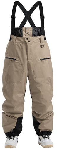 GSOU SNOW Mens Oversized Ski Trousers Baggy Snowboard Trousers Ski Salopettes Snow Pants with Braces - Unisex Waterproof Windproof Breathable Insulated Warm Khaki