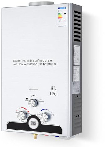CO-Z Chauffe-Eau à Gaz Instantané 8LPM 13,6kW LPG GPL au Butane Propane avec Modes Hiver et Eté Sans Réservoir en Acier Inoxydable CE Certifié Portable pour Maison Camping Caravane