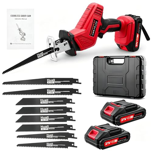 21V Cordless Reciprocating Saw, 0-4000 RPM Variable Speed | 8 Blades & 2 Batteries Included | for Metal, Wood, PVC & Pipe Cutting | Electric Hand Saw for DIY & Construction - Red