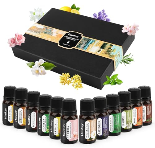 Aceites Esenciales para Humidificador Difusor 12 x 10ML,Set Aceites Esenciales para Difusor Aromaterapia Pura Natural, Rosa, Lavanda, Fresia,Naranjas Dulces, Menta, Vainilla, Sándalo ﻿