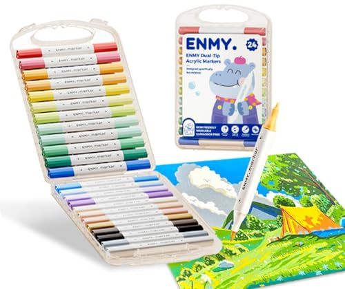 ENMY 24 Colores Plumone Acrílicos Doble Punta, Marcadores Creativos de Pintura Acrílica, Rotuladores Acrílico a Base de Agua, Punta Pincel, para madera, piedra, lienzo, vidrio, tela