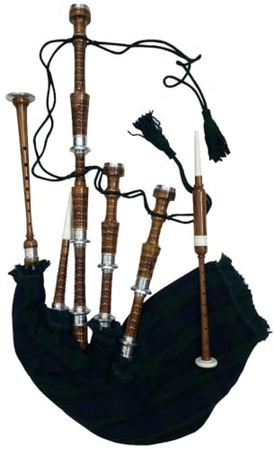 Great Scottish Highland Bagpipes Beginner Full Set — Rosewood Natural Finish with Tartan Cover, Silver Mounts, Tutor Book, Carry Bag, Reeds & Drones (Brown Natural Finish, Black Velvet)