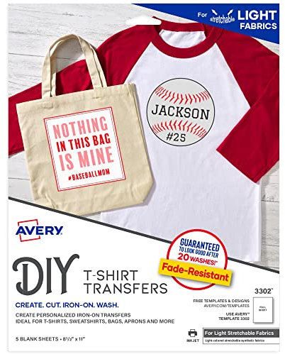 Avery Printable Stretchable Heat Transfer Paper for Light Fabrics, 8.5 x 11, Inkjet Printer, 5 Sheets (3302)