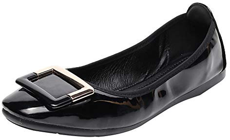 ANUFER Women's Soft Ballet Flats Square Toe Slip-On Walking Shoes Patent Black DX2830 UK6