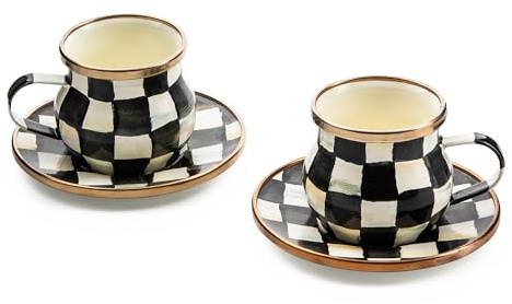 MACKENZIE-CHILDS Espresso Cup and Saucer Set, Cute Small Coffee Cups and Saucers, Set of 2, Black-and-White Courtly Check