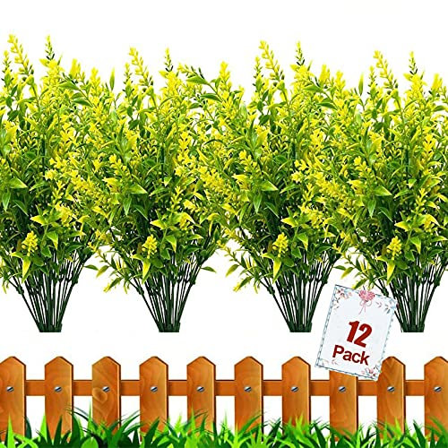 HBell 12 Bundles Outdoor Artificial Flowers UV Resistant Fake Boxwood Plants, Faux Plastic Greenery for Indoor Outside Hanging Plants Garden Porch Window Box Home Wedding Farmhouse Decor (Yellow)