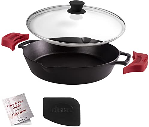 Cast Iron Skillet with Glass Lid - 12-Inch Dual Handle Frying Pan + Pan Scraper + Silicone Handle Holder Covers - Preseasoned Oven Safe Cookware - Indoor/Outdoor Use - Grill, Stovetop, Induction Safe
