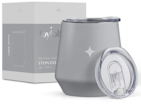JoyJolt Tri-Insulated Wine Tumbler with Lid Pack. 12 oz Tumbler, Slider and Straw Lids. Vacuum Double Walled Stainless Steel Stemless Wine Glass, Copper Lined for Very Cold Drinks, Travel and Camping