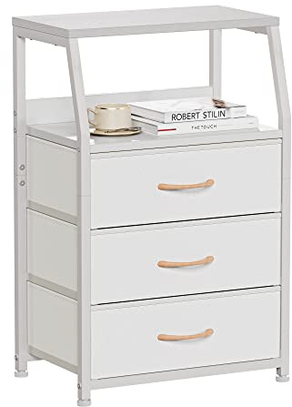 Furnulem White Nightstand with 3 Drawers and 2-Tier Shelf, Small Night Stand End Table Side Furniture, Fabric Storage Organizer for Bedroom, Closet, Hallway, Nursery, Sturdy Steel Frame, Wood Top