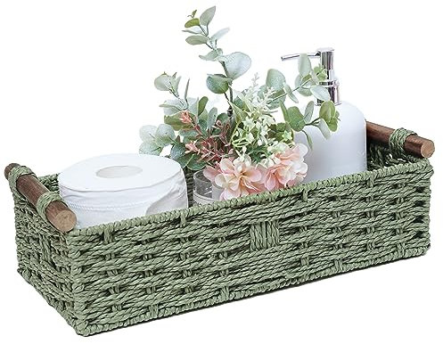 STOBSK Round Paper Rope Storage Basket Wicker Baskets for Organizing with Handle Decorative Storage Bins for Countertop Toilet Paper Basket for Toilet Tank Top Small Baskets Set,Green