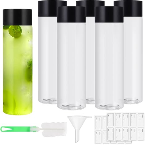 RosewineC 6 Pcs 13.5Oz(400ml) Plastic Juice Bottles, Reusable Smoothie Container With Lids, Clear Sensory Bottle With Sticker Funnel and Brush for Milk Water Homemade Beverages