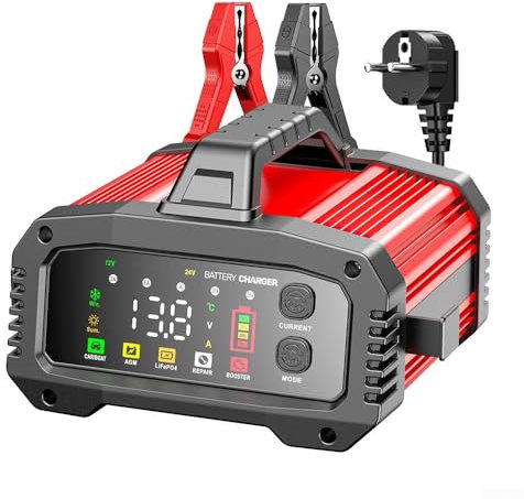 Autobatterie Ladegerät, 12V/24V vollautomatisches Ladegerät 2-25A Puls Reparatur Smart Battery Charger, Ladegerät Motorradbatterie Erhaltungsladegerät für Auto Motorrad KFZ PKW(EU)