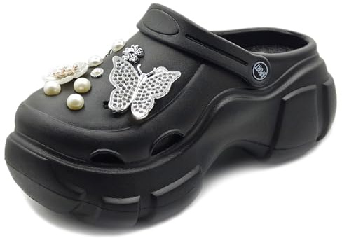 Solaud Plattform Träskor för kvinnor Hög Plattform Clog Klassisk Bekväm Slip On Slide Trädgård Utomhus Strand Träskor Skor, Svart fjäril, 36.5/37 EU