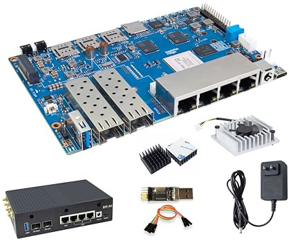 Banana Pi BPI-R4 WiFi 7 trådlös WiFi-router med dubbla band OpenWRT, med MediaTek MT7988A (Filogic 880) SoC, stöder 2X 10GbE SFP och 4X GbE Gigabit Ethernet för NAS Smart Home Gateway (Bundle2)