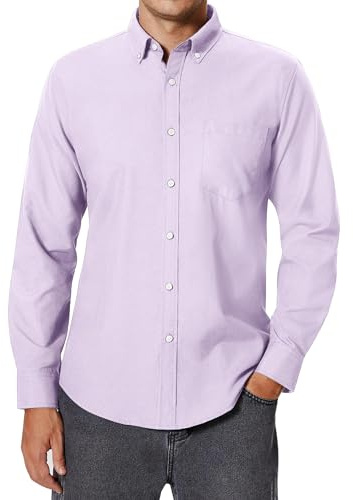 siliteelon Men's Oxford Shirt Long Sleeve Smart Casual Plain Regualr Fit Button Down Shirts with Pockt Grey Purple M