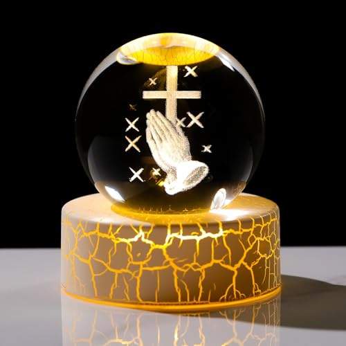 Movdyka Croce in cristallo 3D con mani in preghiera, 6 cm, regalo cristiano per donne e uomini, sfera religiosa in vetro per stanza con luce calda, crocifisso cattolico, regali cattolici per ornamenti