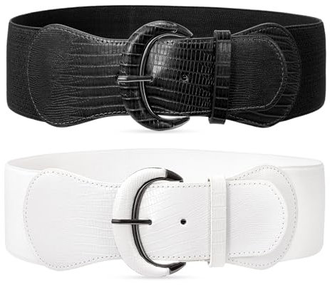 JasGood 2 Stück Damen Breiter Elastischer Taillengürtel Vintage Gürtel Hüftgürtel für Frauen Kleider,Schwarz/Weiß,94cm(Für Taillenweite 76cm-90cm)