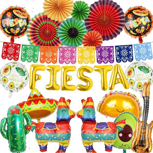 Mexikanische Party Deko Luftballons Set - Fiesta Partydeko mit Bunten Folienballon Mehrfarbig Papierfächer Girlande, Mexiko Dekoration für Geburtstag Mottoparty Cinco De Mayo