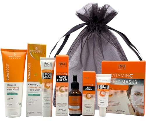 Set per la cura della pelle alla vitamina C da donna, detergente per viso, siero, crema, crema per gli occhi e maschere in foglio, kit regalo per la cura del viso anti-età