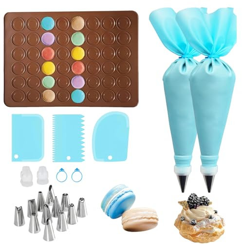 TenaLucy Stampi in Silicone Macarons,39X29Cm Macaron Baking Mat Kit Pasticceria Professionale Decorazione la Torta Kit di Utensili,con 12 Punte Sac A Poche Riutilizzabile,3 Fresa per Dolci Spatola