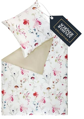SCHÖNER WOHNEN Juego de ropa de cama de algodón de 135 x 200 cm, 2 piezas, satén de alta calidad, diseño de flores, color beige, 1 funda nórdica y 1 funda de almohada de 80 x 80 cm, perfecto para la