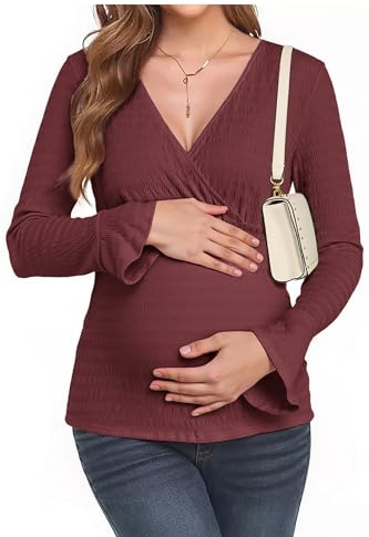 OUGES Womens Maternity Shirts Blouse Nursing Tops Long Bell Sleeve Wrap V Neck Soft Textured Red Fall Fashion 2025(Wine Red,L)