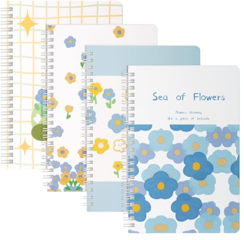 OFFCUP Draadgebonden Notitieboek, 4-pack Spiraalvormig Notitieboek, 120 Pagina's / 60 Vellen Waterdicht Notitieblok Gelinieerd Papier Notitieboek Voor Zakelijk Kantoor Schoolreizen (Zeezout bloemen)
